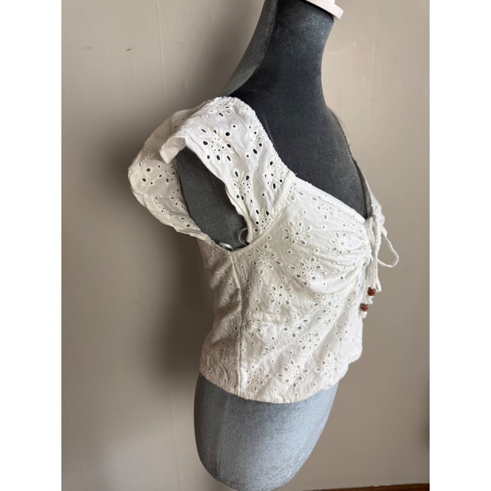 White Eyelet Lace Tie Front Crop Top Smocked Back Boho milkmaid Regencycore - Picture 7 of 12
